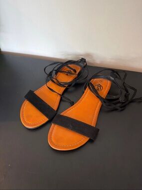 Trary Black Strap Lace-Up Sandals with Orange Footbed